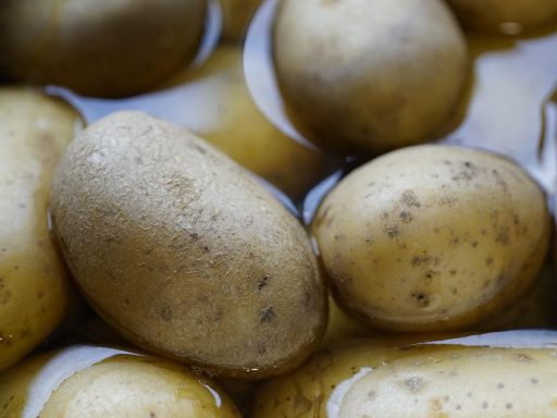 Diverse kaliumrijke voedingsmiddelen zoals bananen, spinazie, avocado en aardappelen op een houten tafel